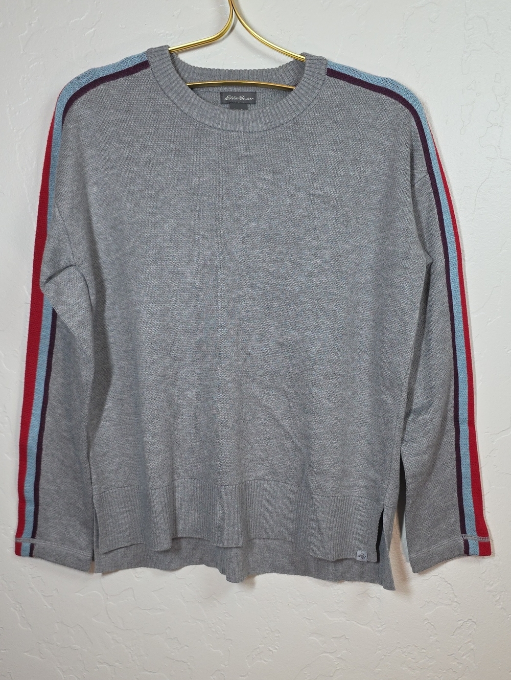 Eddie Bauer Marbled Gray Crewneck Sweater with Red and Light Blue Sleeve Stripes
